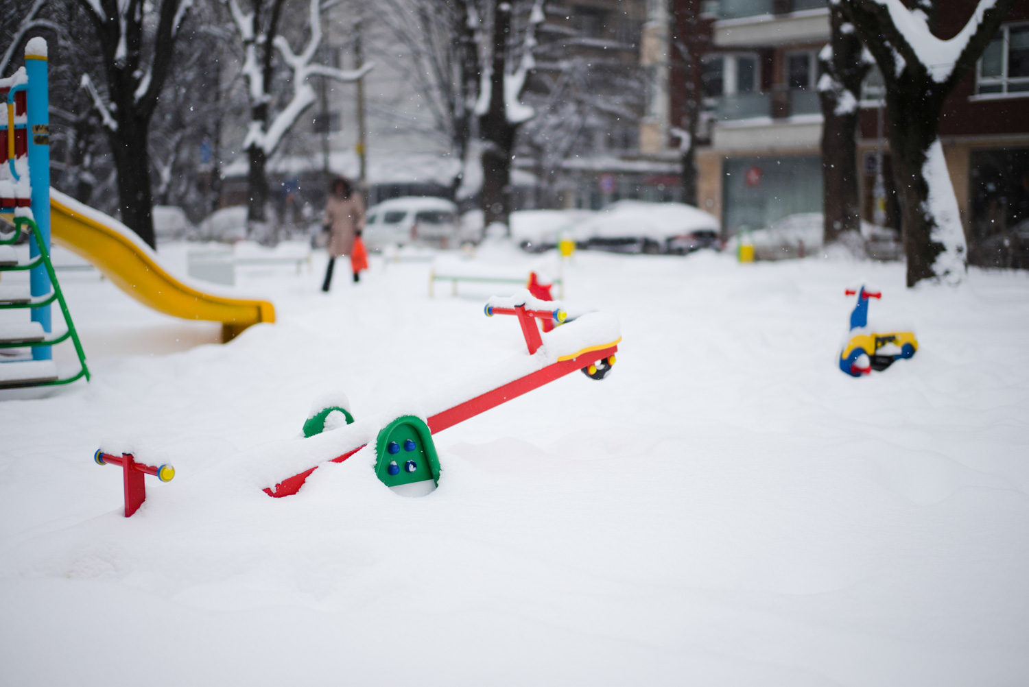 Playground covered with snow